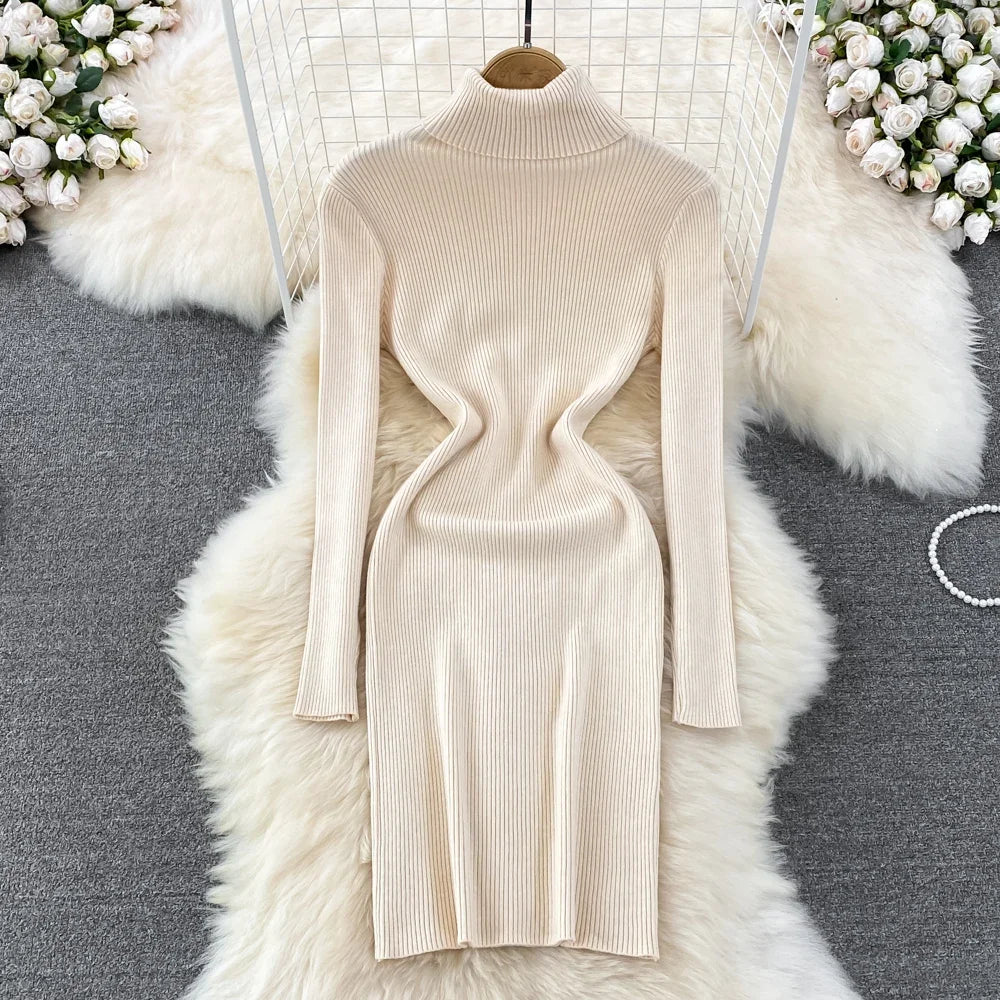 Elegant Turtleneck Long Sleeve Knit Bodycon Pencil Sweater Dress Autumn Winter Clothing