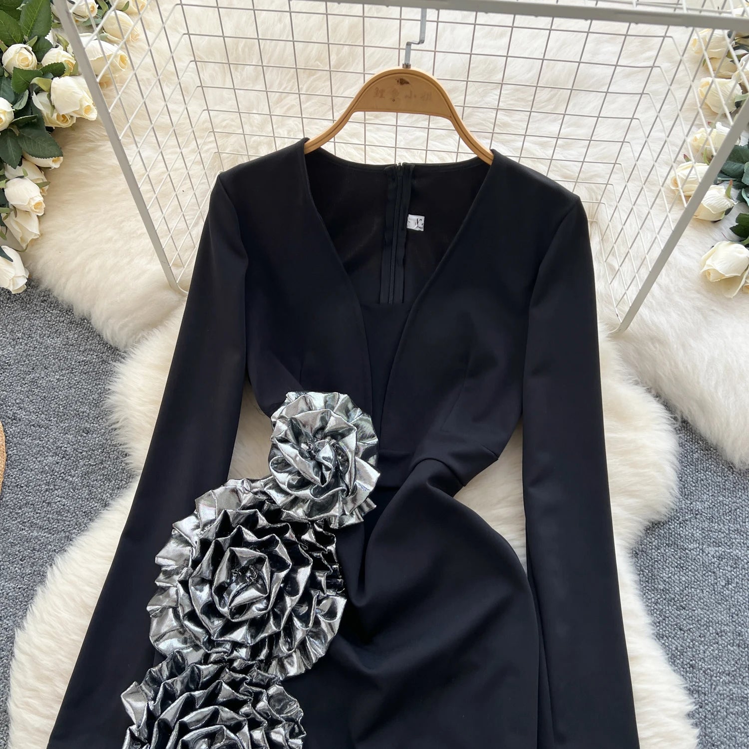 Elegant Three-dimensional floral asymmetrical long sleeve Dress
