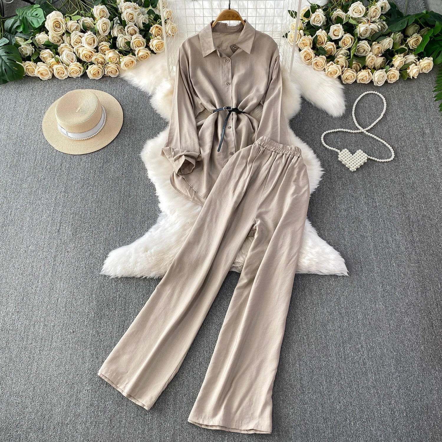 Casual shirt And Wide Leg Pants Two Piece Set