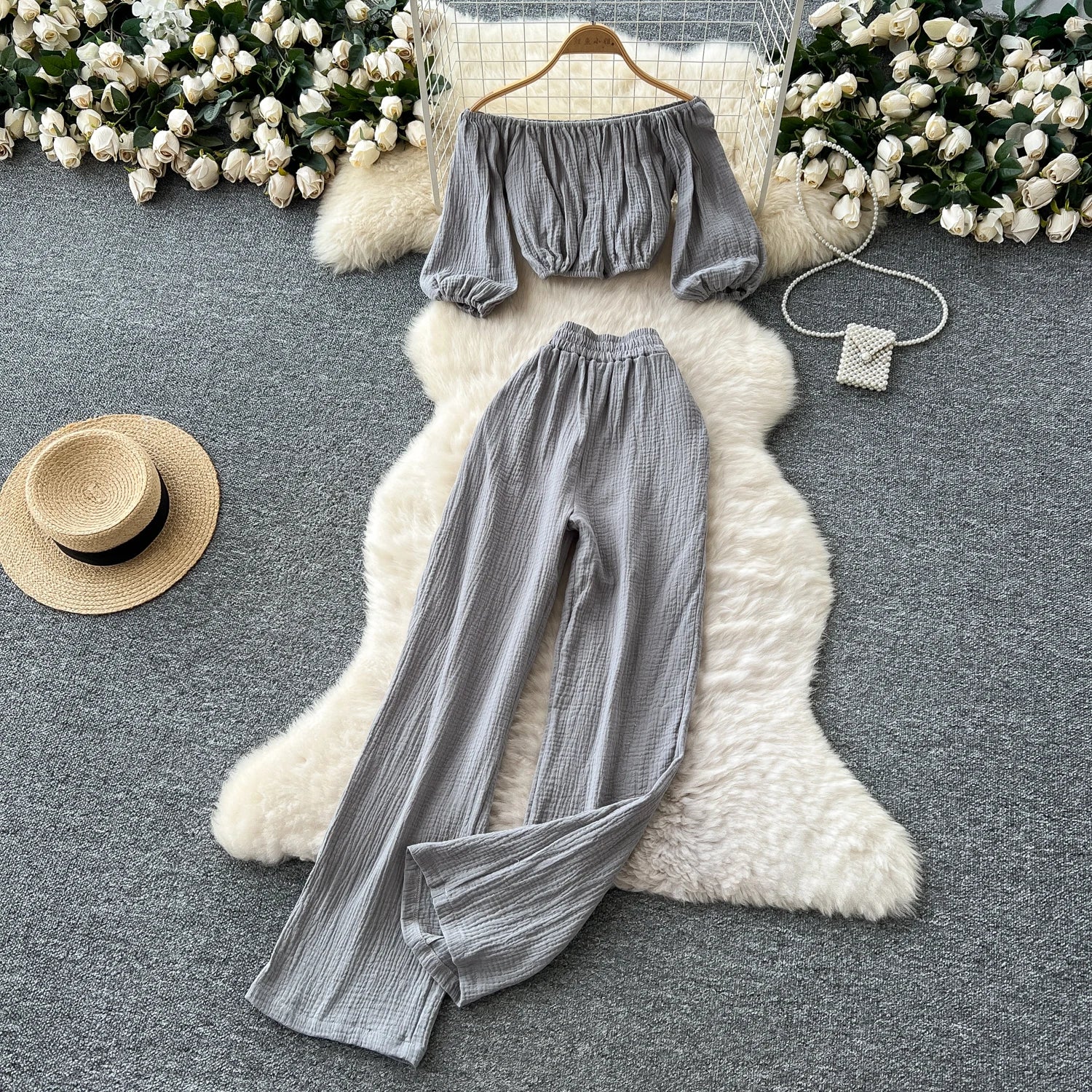 Lantern Sleeve Off Shoulder Crop Top+High Waist Wide Legs Pants Two Piece Set