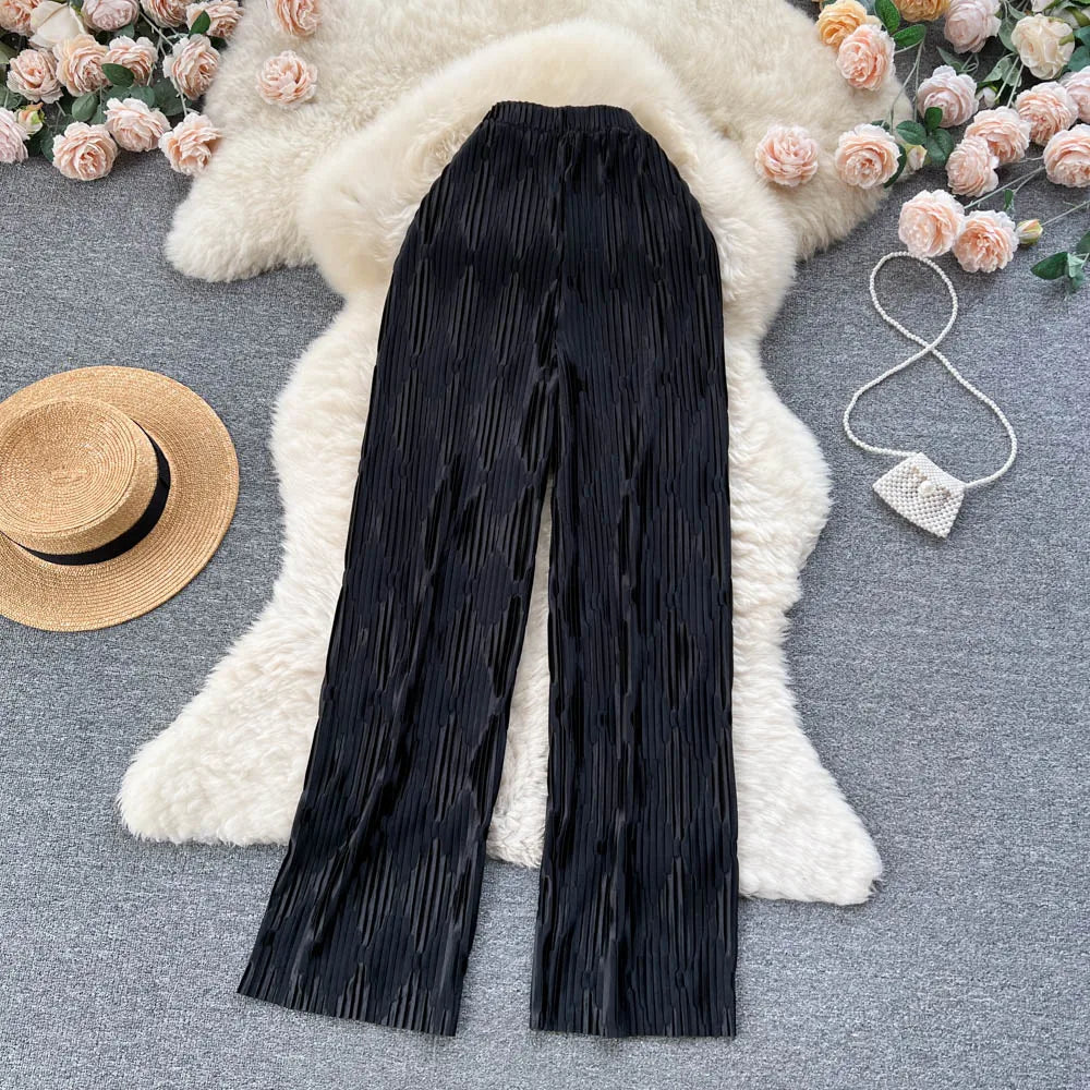 Pleated Vintage Striped Long High Waist Wide Leg Trousers