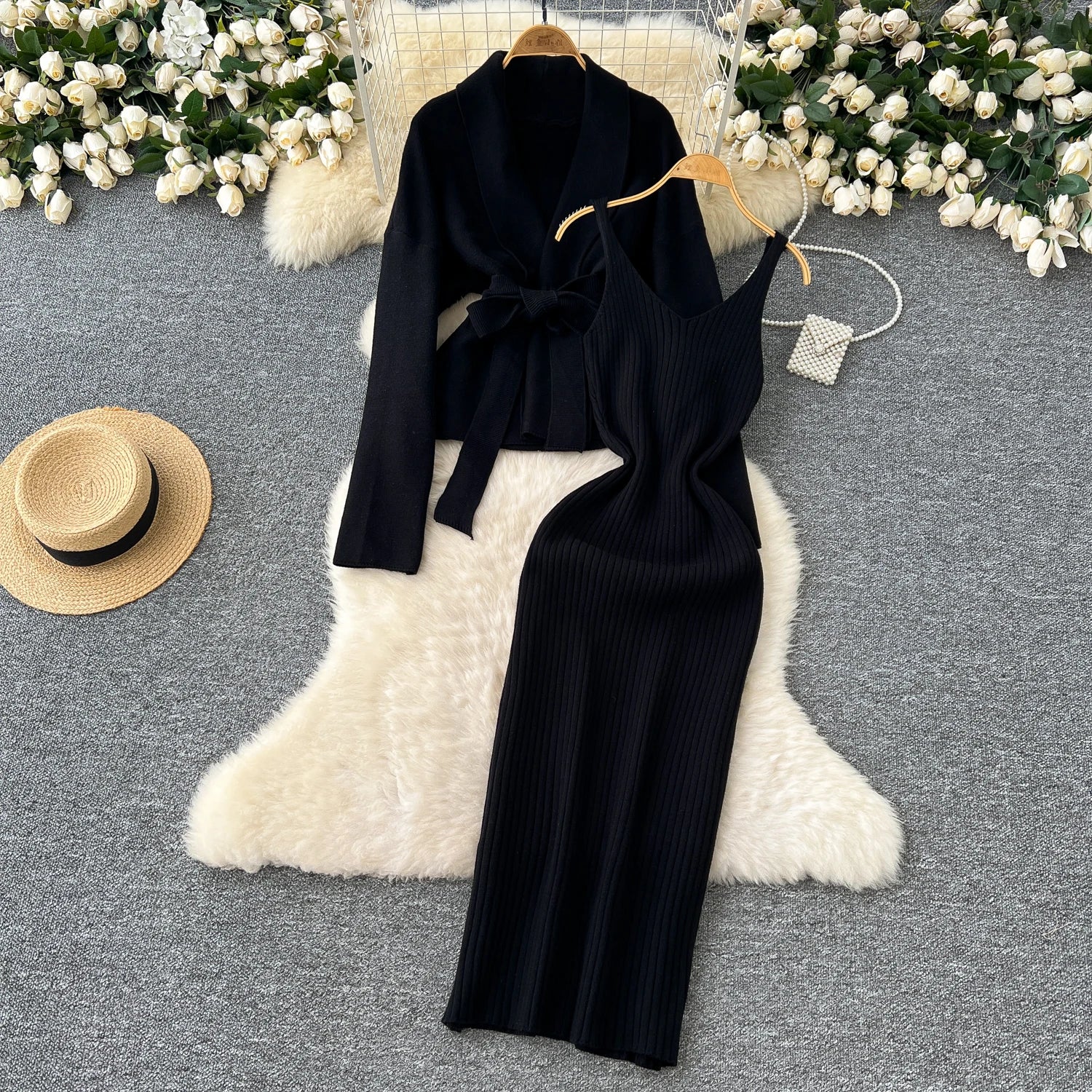 Lace Up Slim Cardigan+Sling Long Bodycon Solid Sweater Dress Two Piece Set