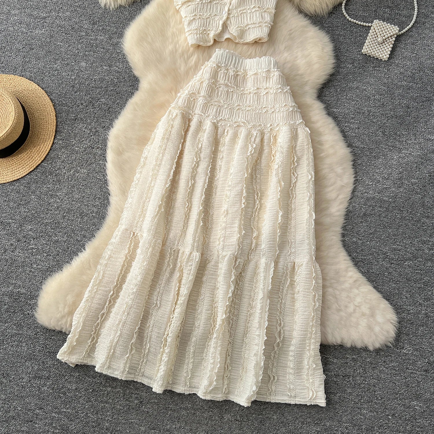 Casual Single Breasted Mini Camisole+Elastic Waist A Line Fold Slim Skirt Two Piece Sets