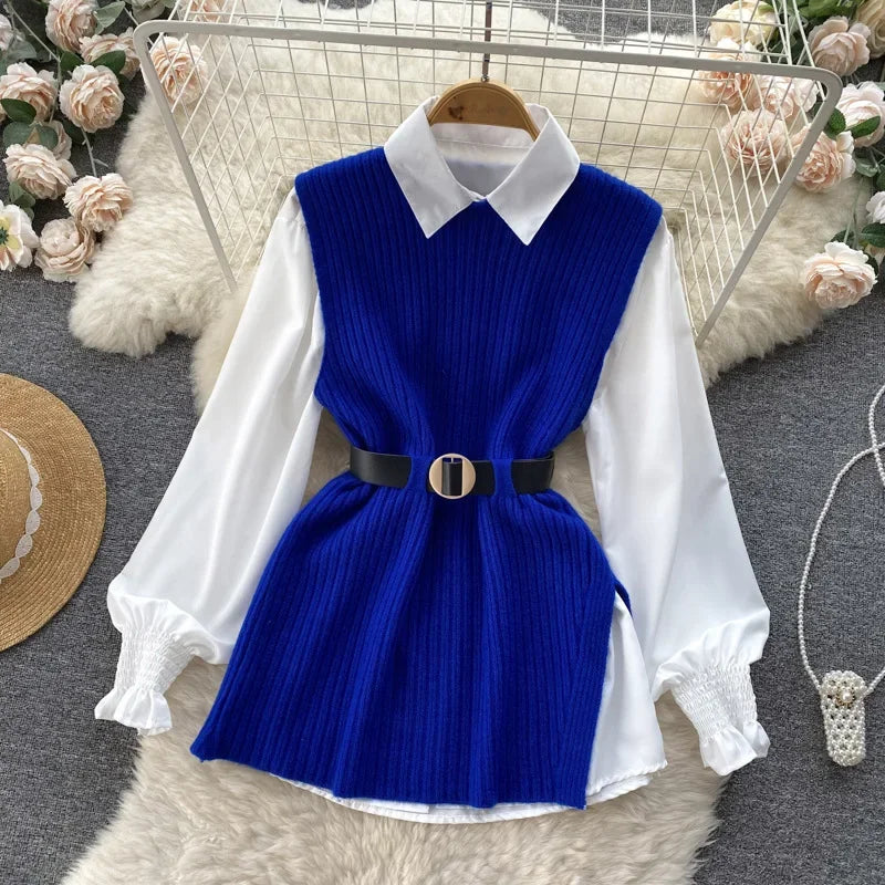 Luxury Style Loose-fit Long Sleeve White Shirt Side Slit Knit Vest 2-piece Set