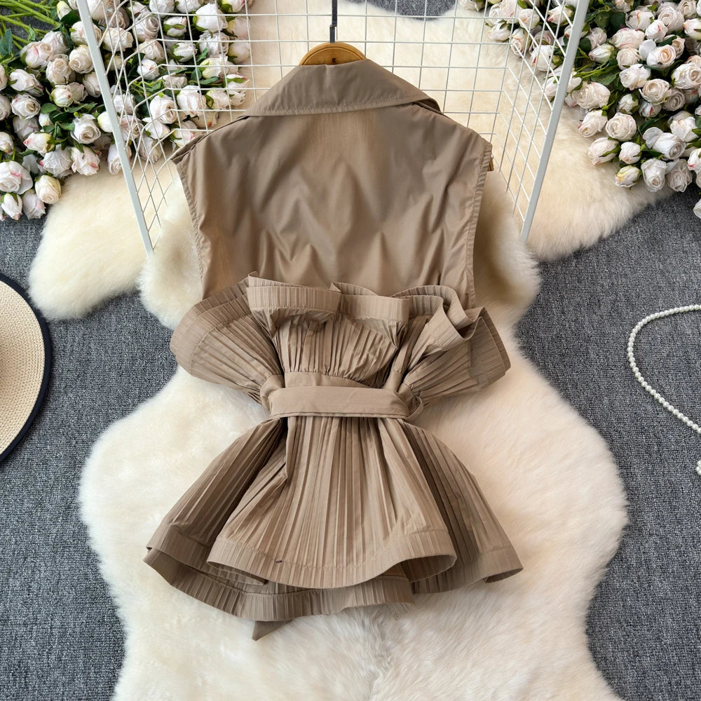 Pleated Versatile Lapel Collar Sleeveless Ruffle Blouse