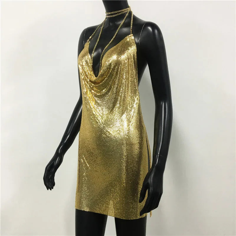 Backless Spaghetti Strap Metal Sequins Low Cut Dress