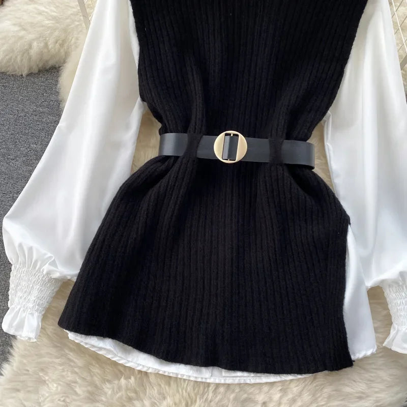 Luxury Style Loose-fit Long Sleeve White Shirt Side Slit Knit Vest 2-piece Set