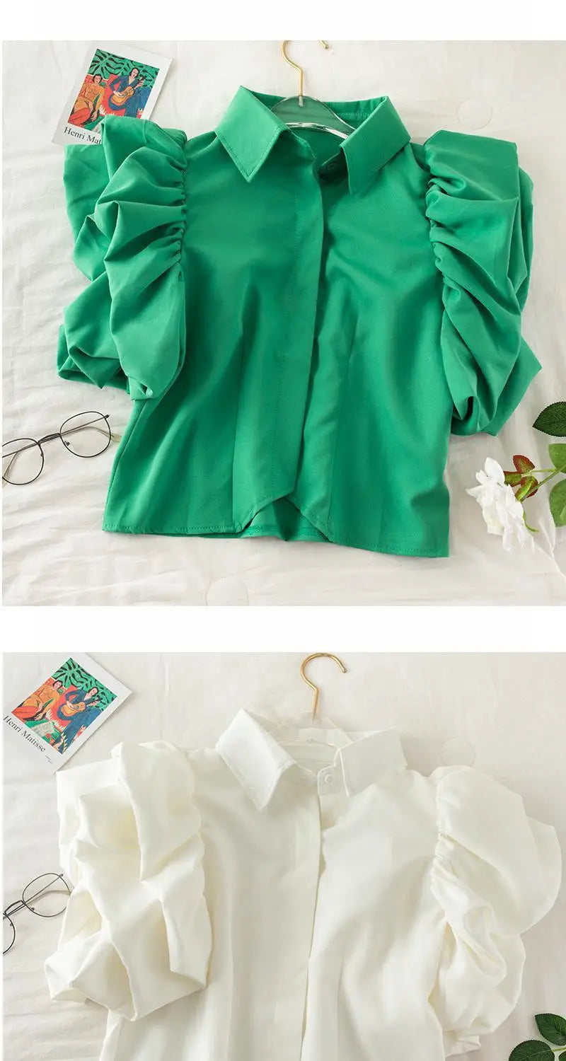 Lantern Short Sleeve Pleated Ruffled Blouse