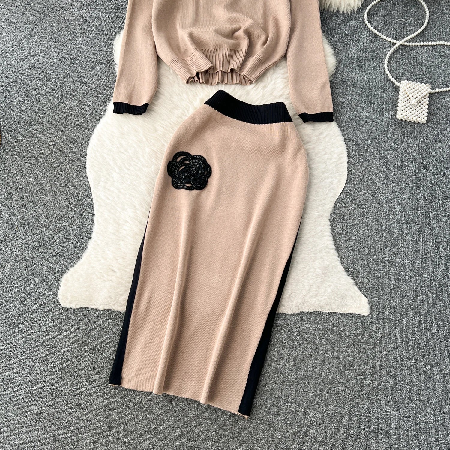 Long Sleeve Pullover Elastic Waist Long Skirt Sweater Suit
