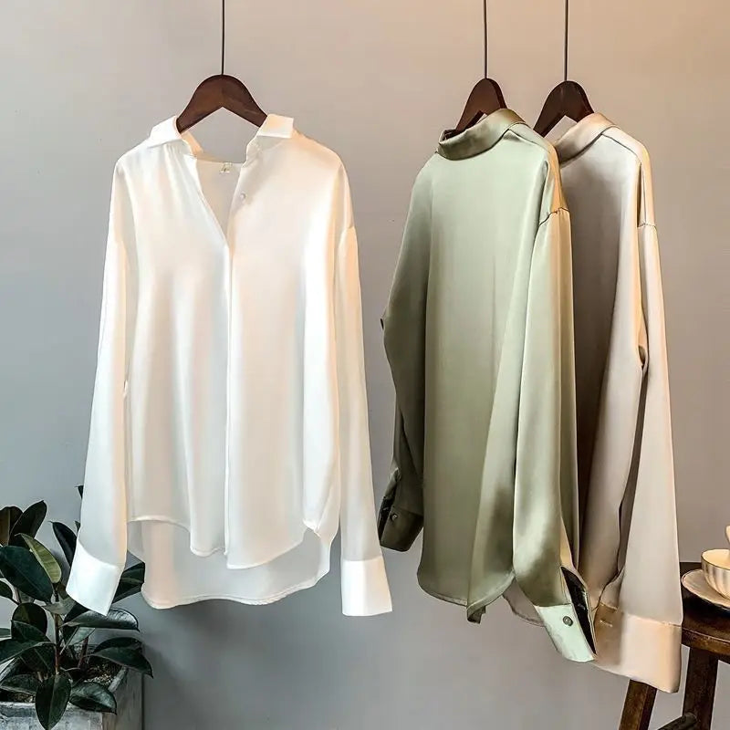 Vintage Satin Blouse Long Sleeve Button Loose Shirts