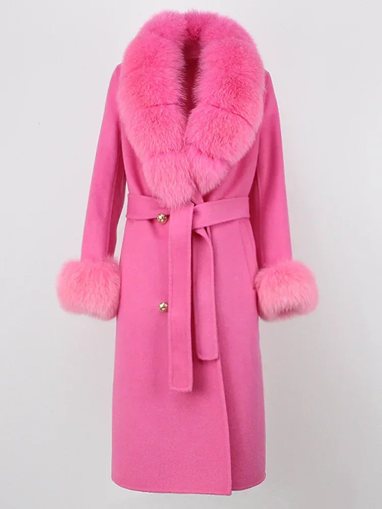 Real Fur Natural Wool Blends Cashmere Double Breasted Belt Warm Coat