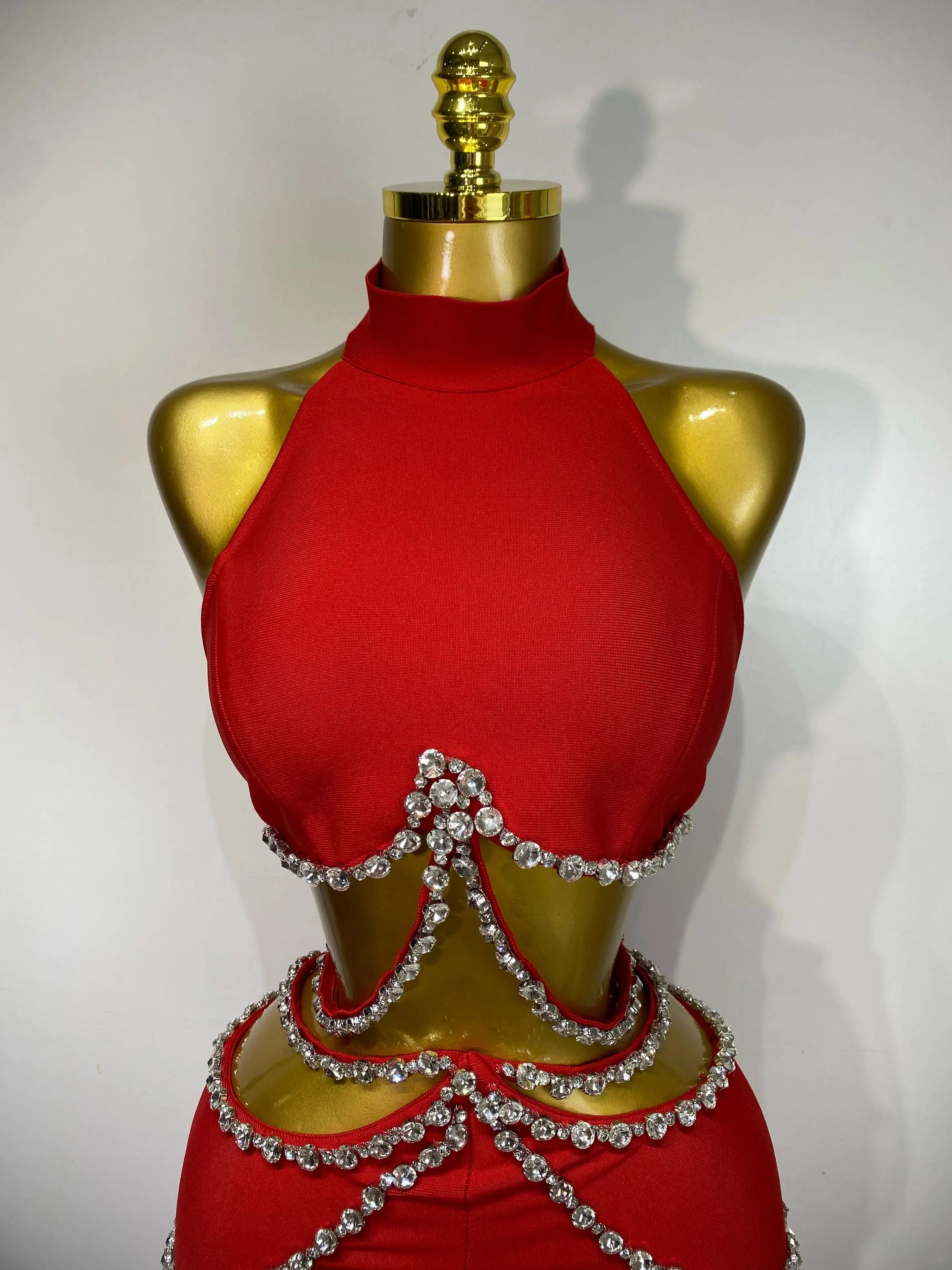 Luxury Rhinestone Cut Out Two Piece Pants And Top Bandage Set