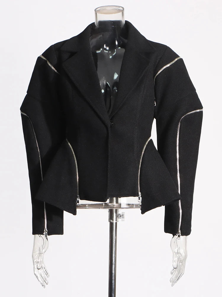 Patchwork Zipper Long Sleeve Spliced Button Temperament Coat