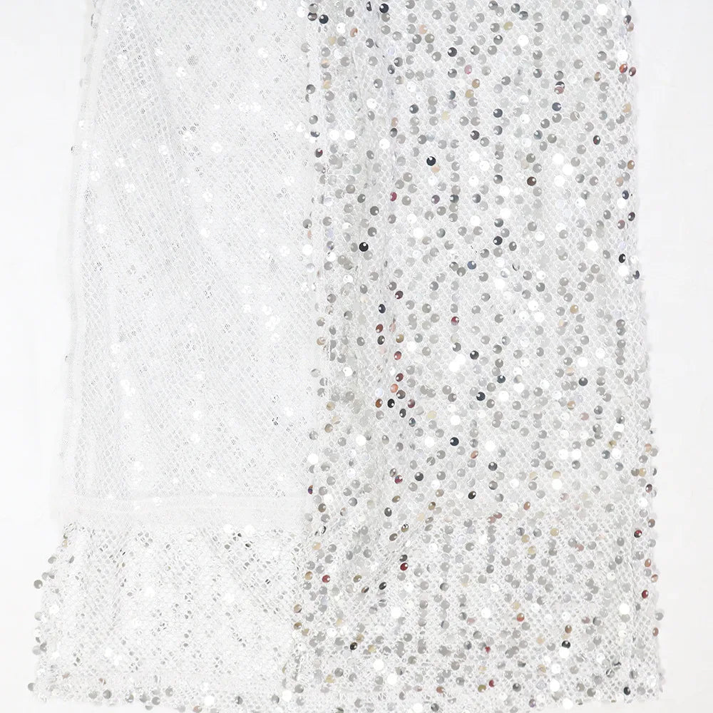 Sequined Sleeveless Cut Out One Shoulder High Split Midi Long Maxi Dress