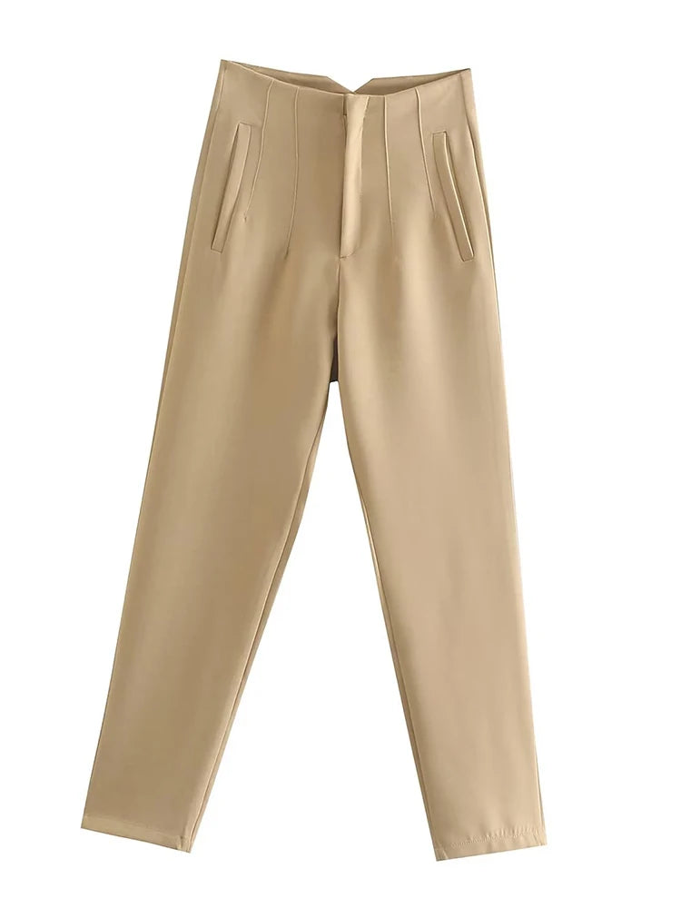 Straight High Waist Front Zipper Vintage Full Length Trousers