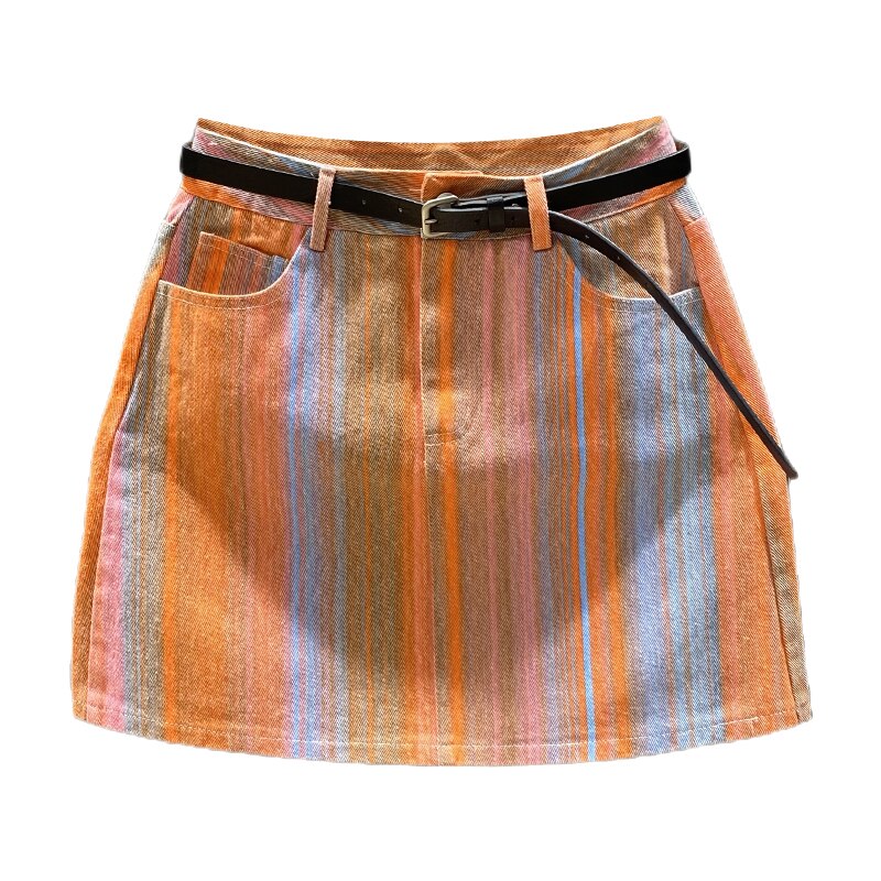 Striped High Waist Denim Short Skirt