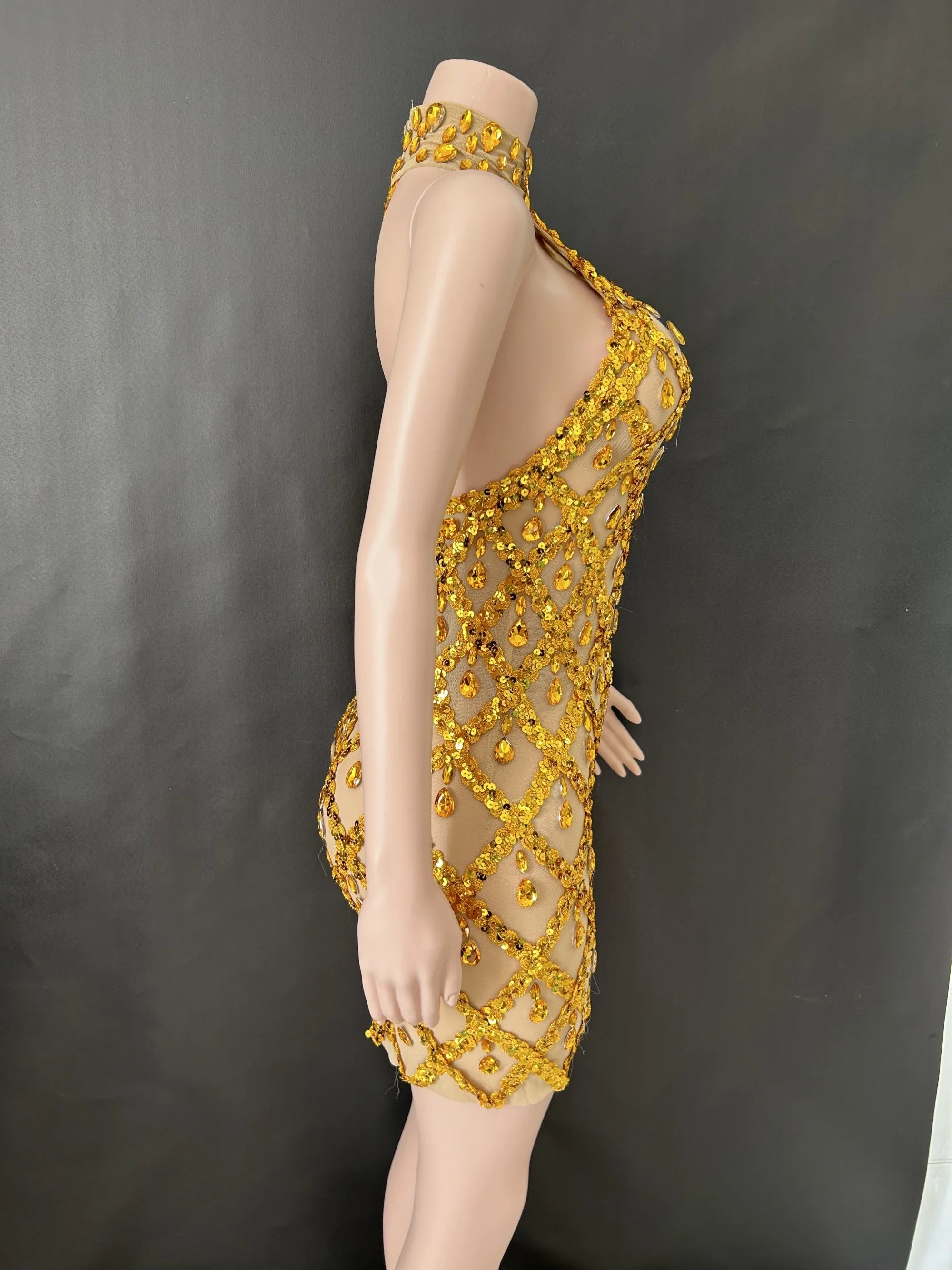 Prom Birthday Dress Transparent Rhinestone Sequins Dress