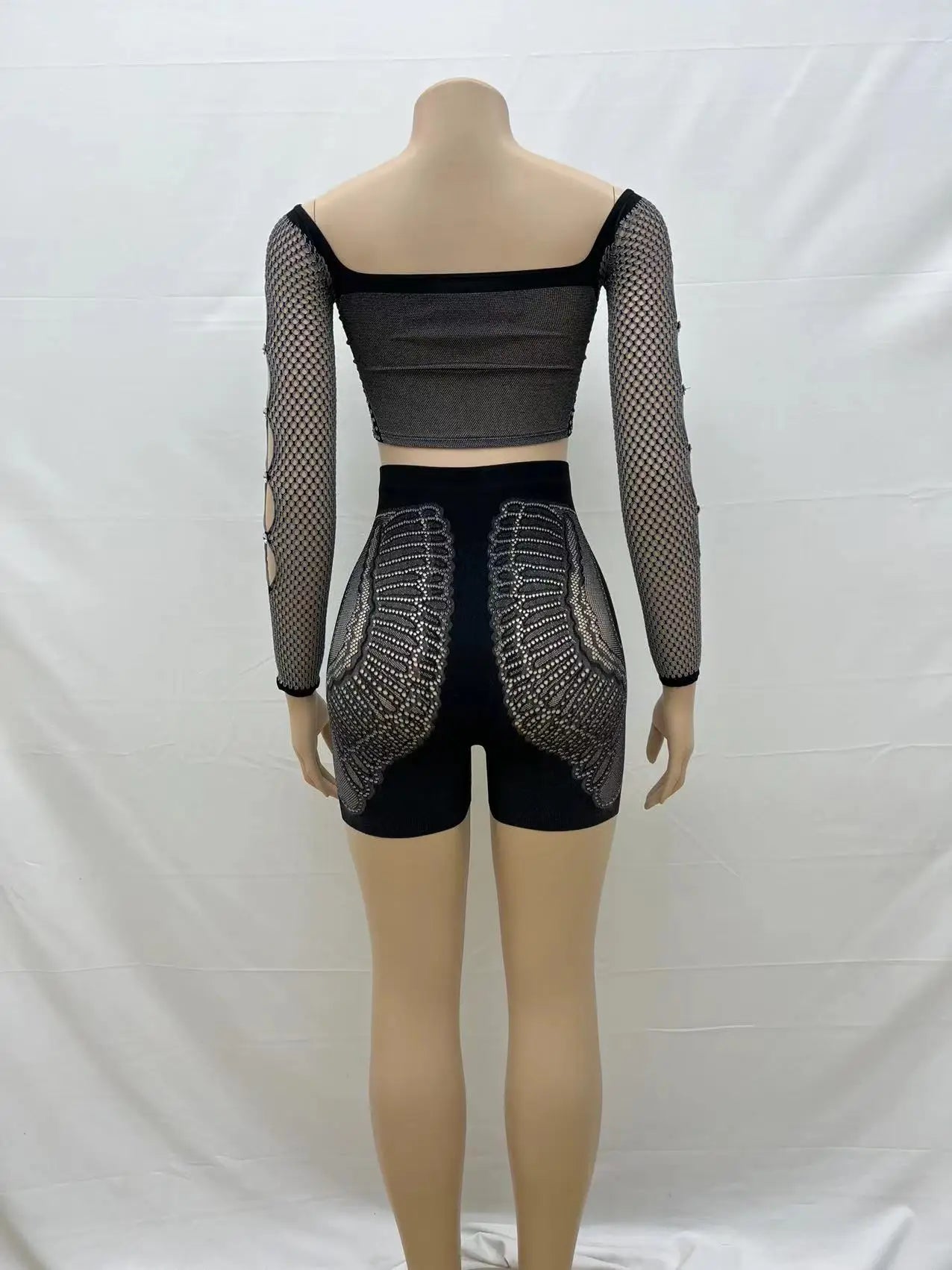 Patchwork Rhinestone Off Shoulder Long Sleeve Crop Tops and Shorts Set