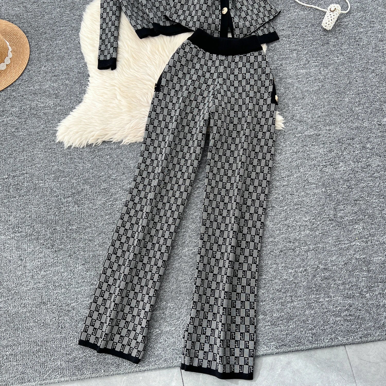 Three Piece Plaid Print Sweater Suits Knit Cardigans+Elastic Long Pants