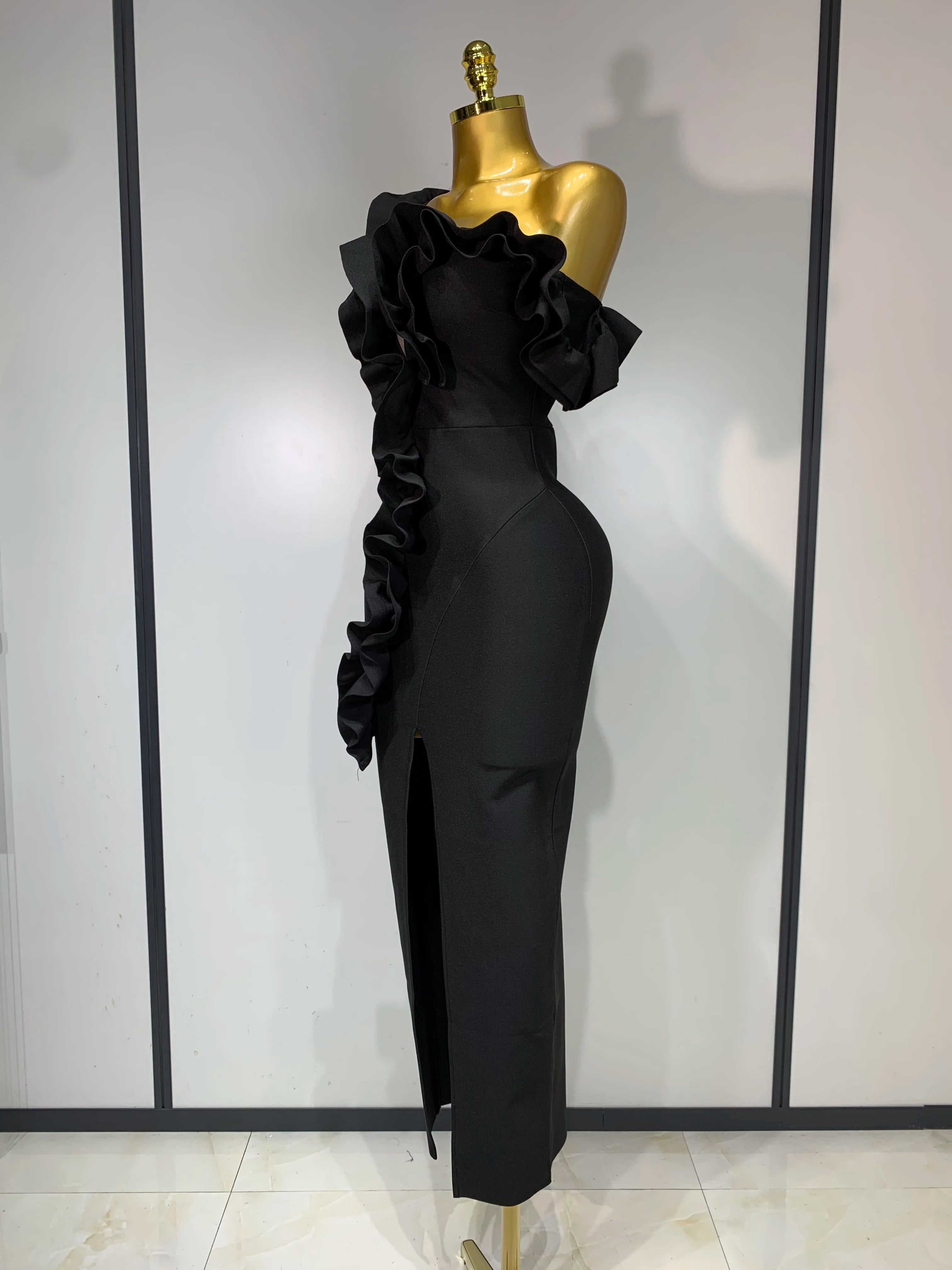Off Shoulder Ruffles Midi Bodycon Bandage Dres