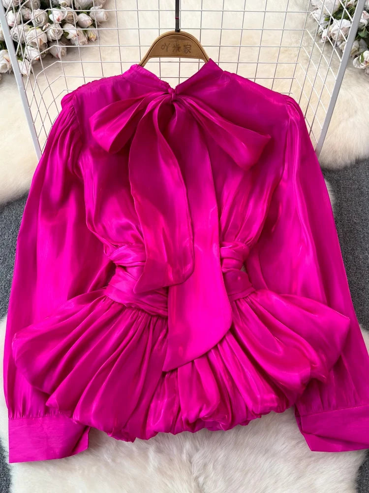 Long Sleeve Tie Up Pleated Blouse