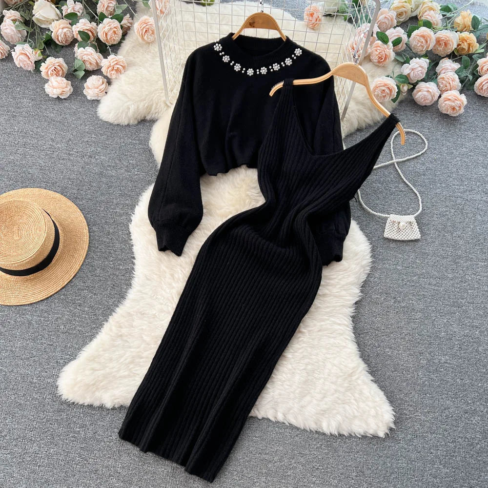 Knitted Sets Long Sleeve Pearl Sweater+Knitted Dress Sweater Suits