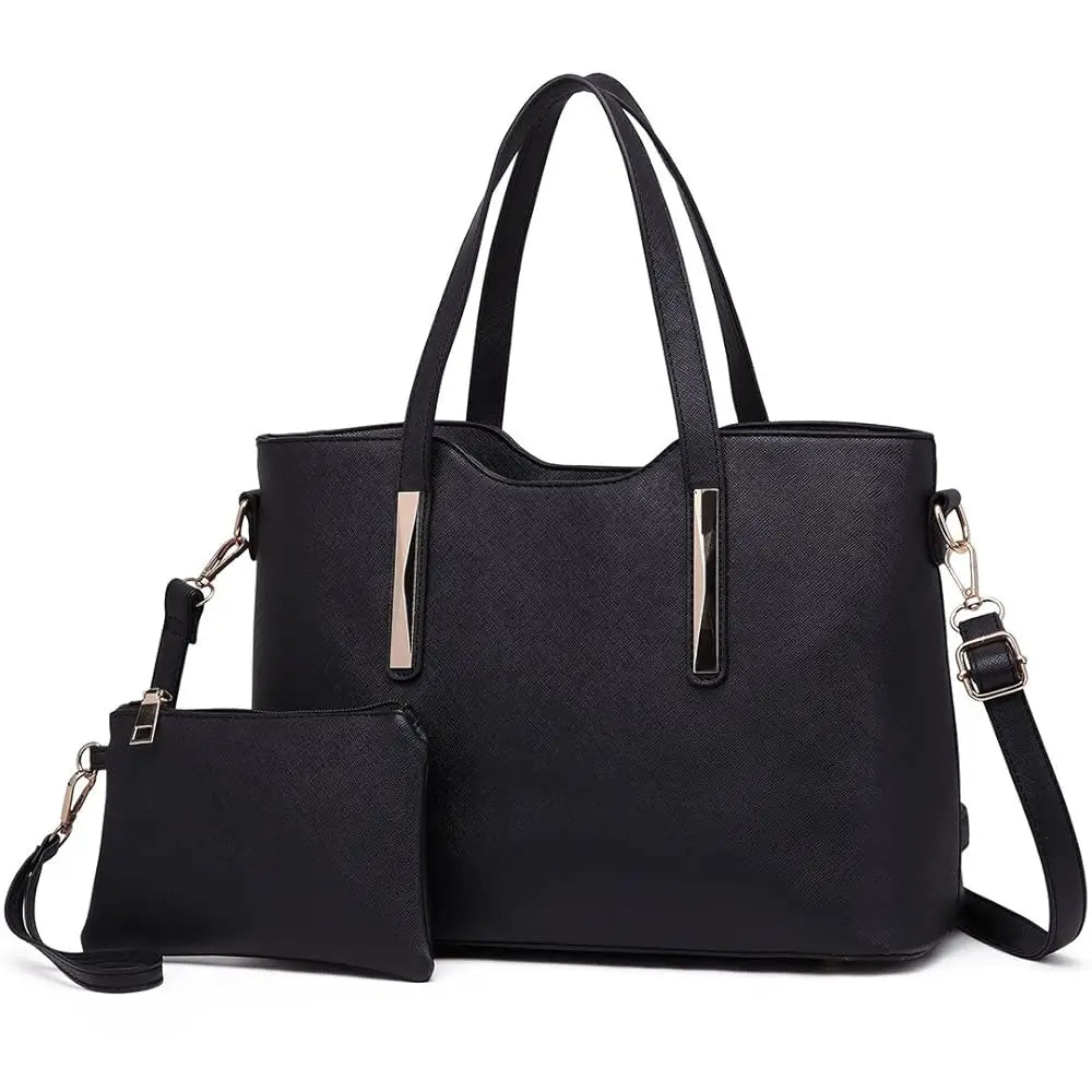 2-Piece Leather Tote Set - Top Handle & Shoulder Handbag
