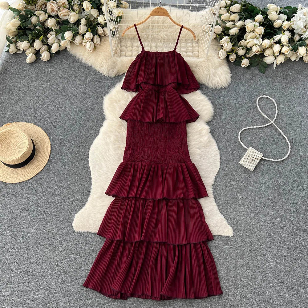 Ruffles Pleated Strapless Sleeveless Slim Dress