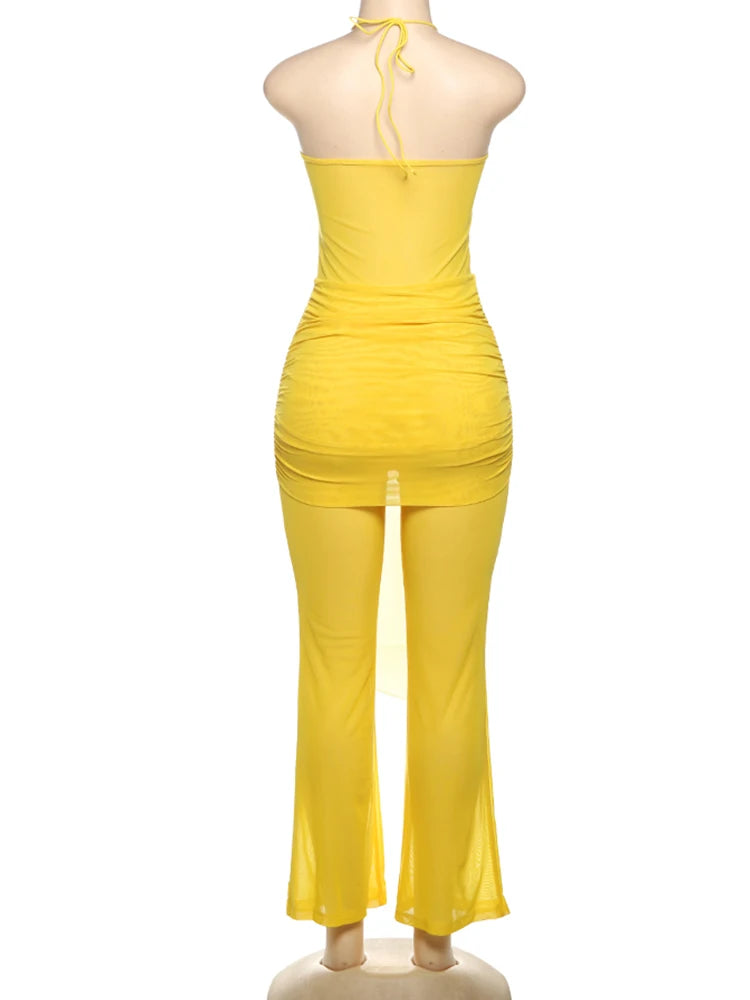 Hollow Halter Backless Ruched Ribbon Waist See Through Dress