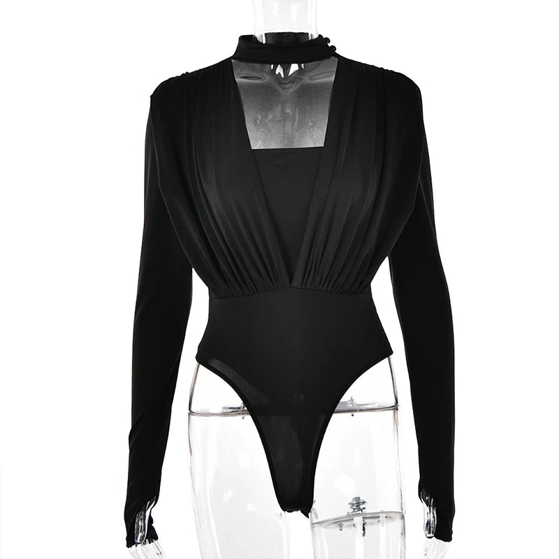 Irregular Pleated Crew Neck Full Sleeve High-waist Cutout Bodysuit