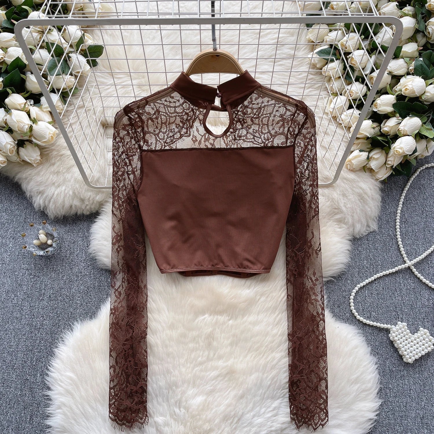 Chic Lace Hollow Out Strapless Long Sleeves Crop Top