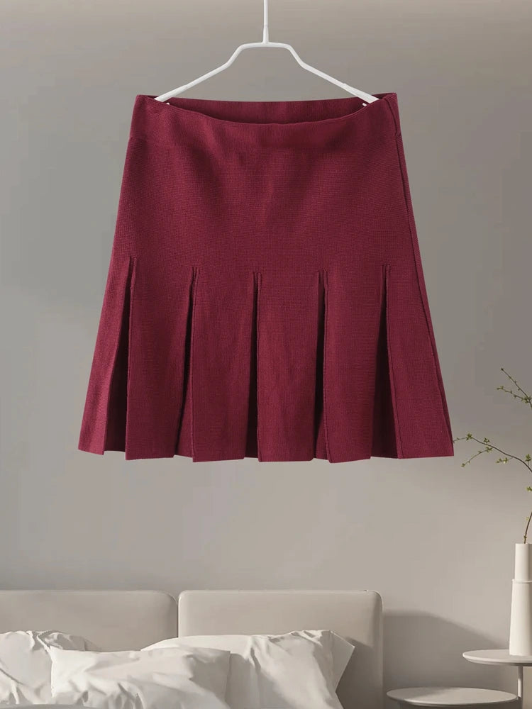 Knitted Two Pieces Single Breasted Lapel Cardigan Pleated A-line Mini Skirt Set