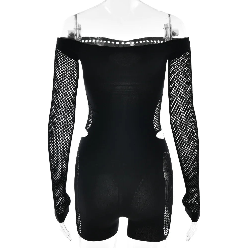 Hollow See Through Strapless Off Shoulder Full Sleeve One Piece Rompers