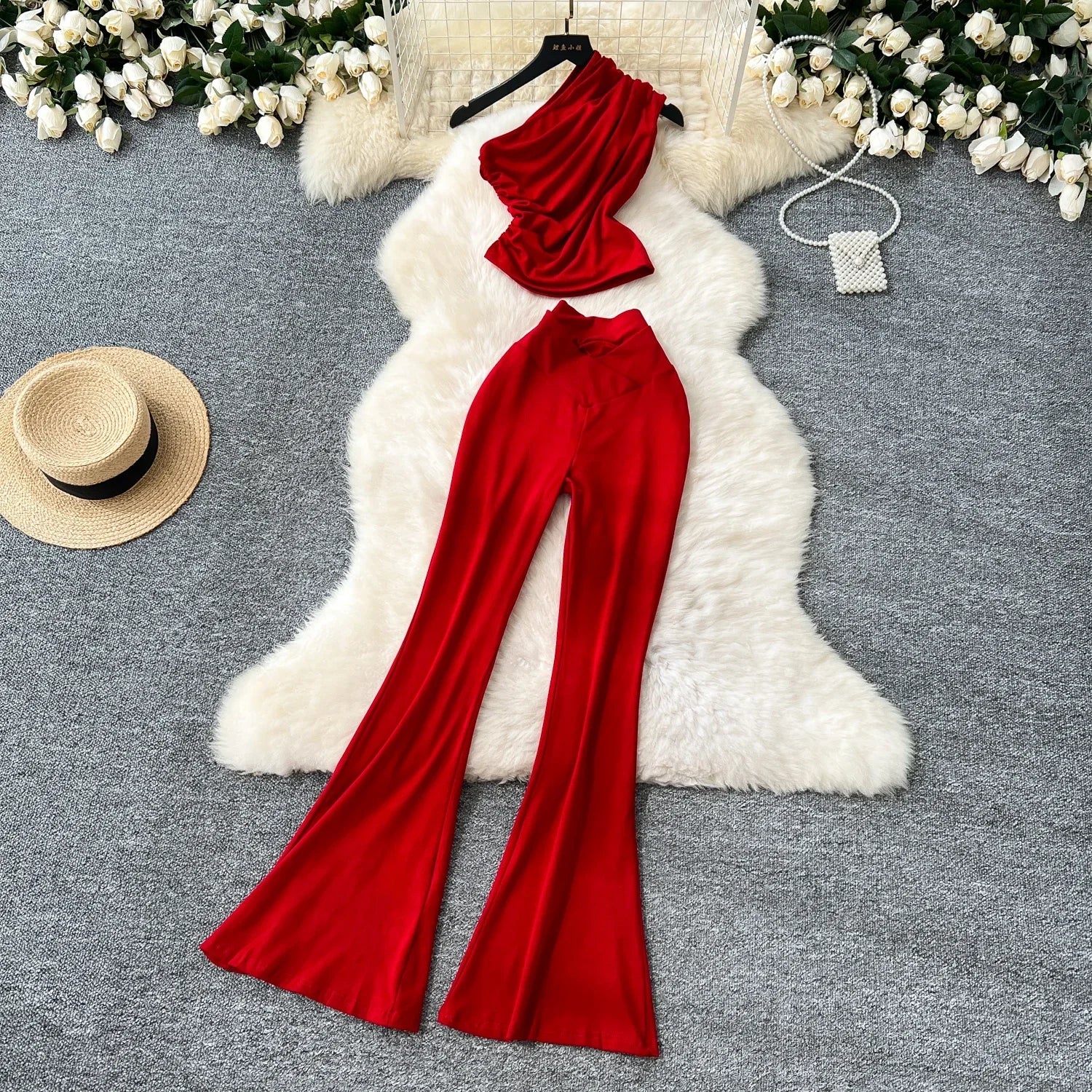 Chic Vintage Diagonal Collar Sleeveless Pleated Top and High Waist Flare Pants Two Piece Set
