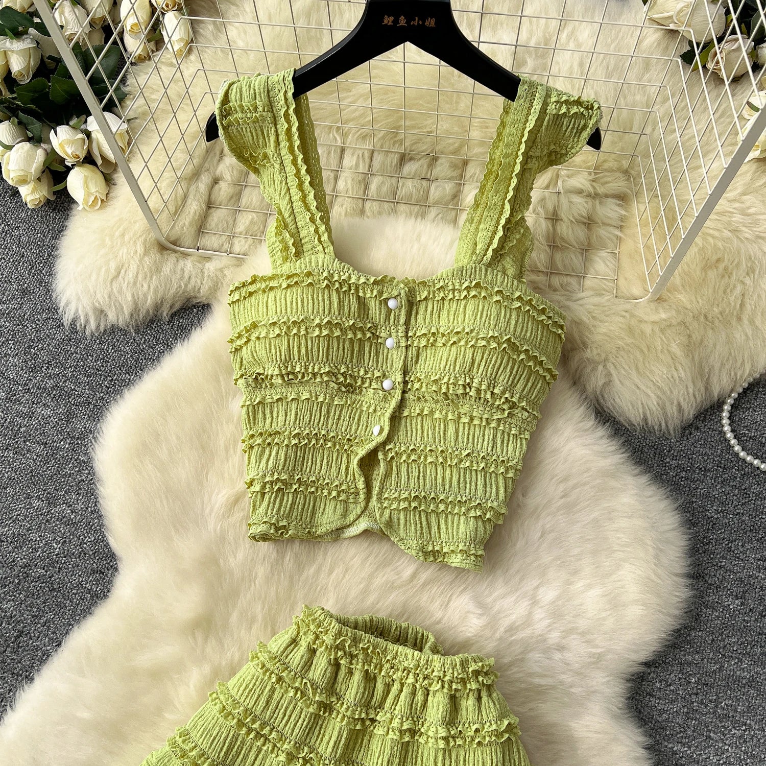 Casual Single Breasted Mini Camisole+Elastic Waist A Line Fold Slim Skirt Two Piece Sets