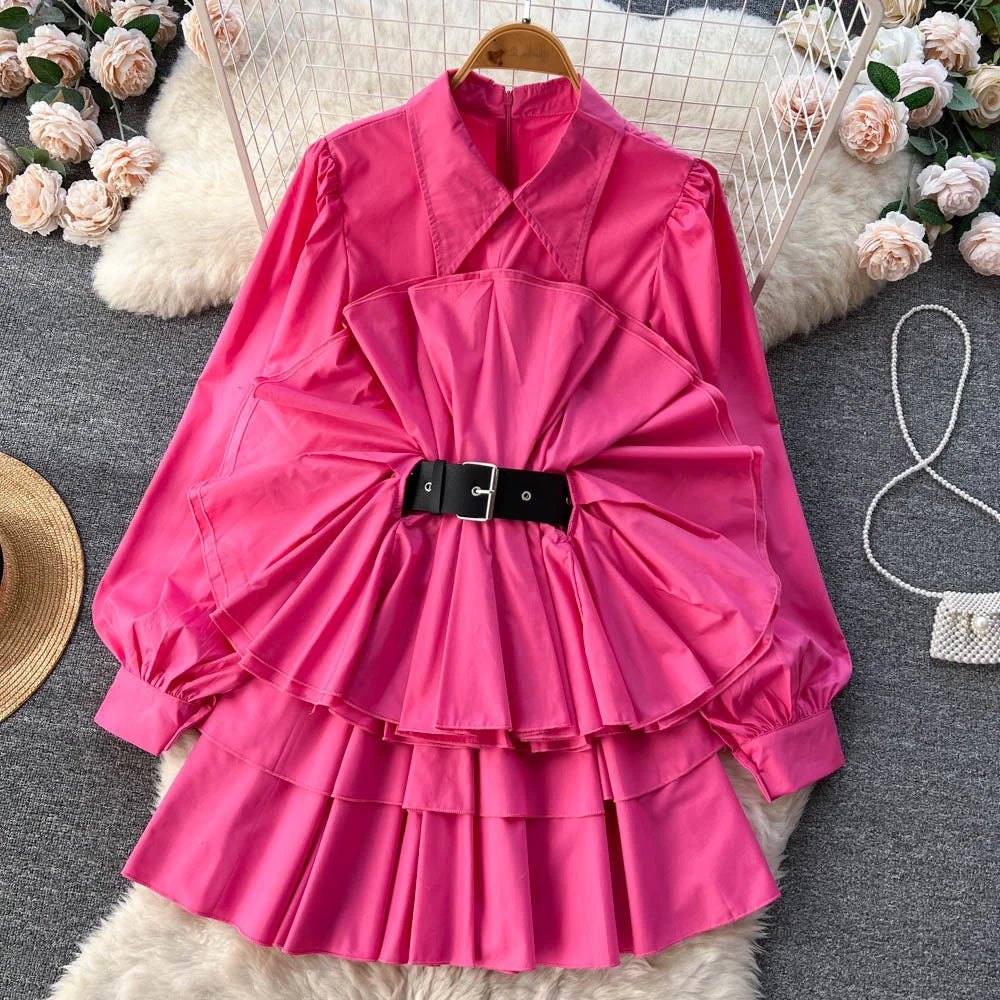 Y2k Loose Mid Length Lapel Ruffles Waist Dress