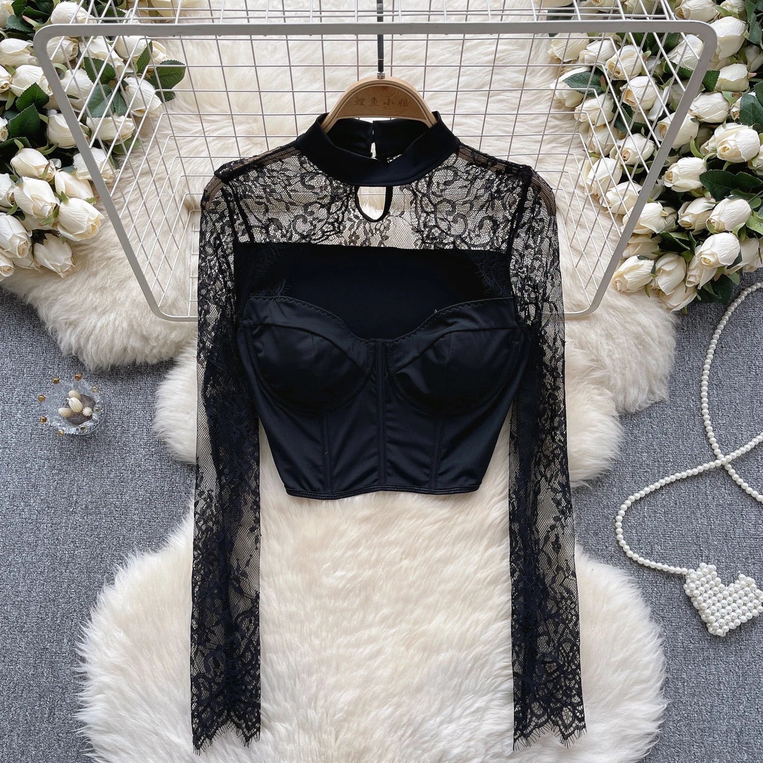 Chic Lace Hollow Out Strapless Long Sleeves Crop Top