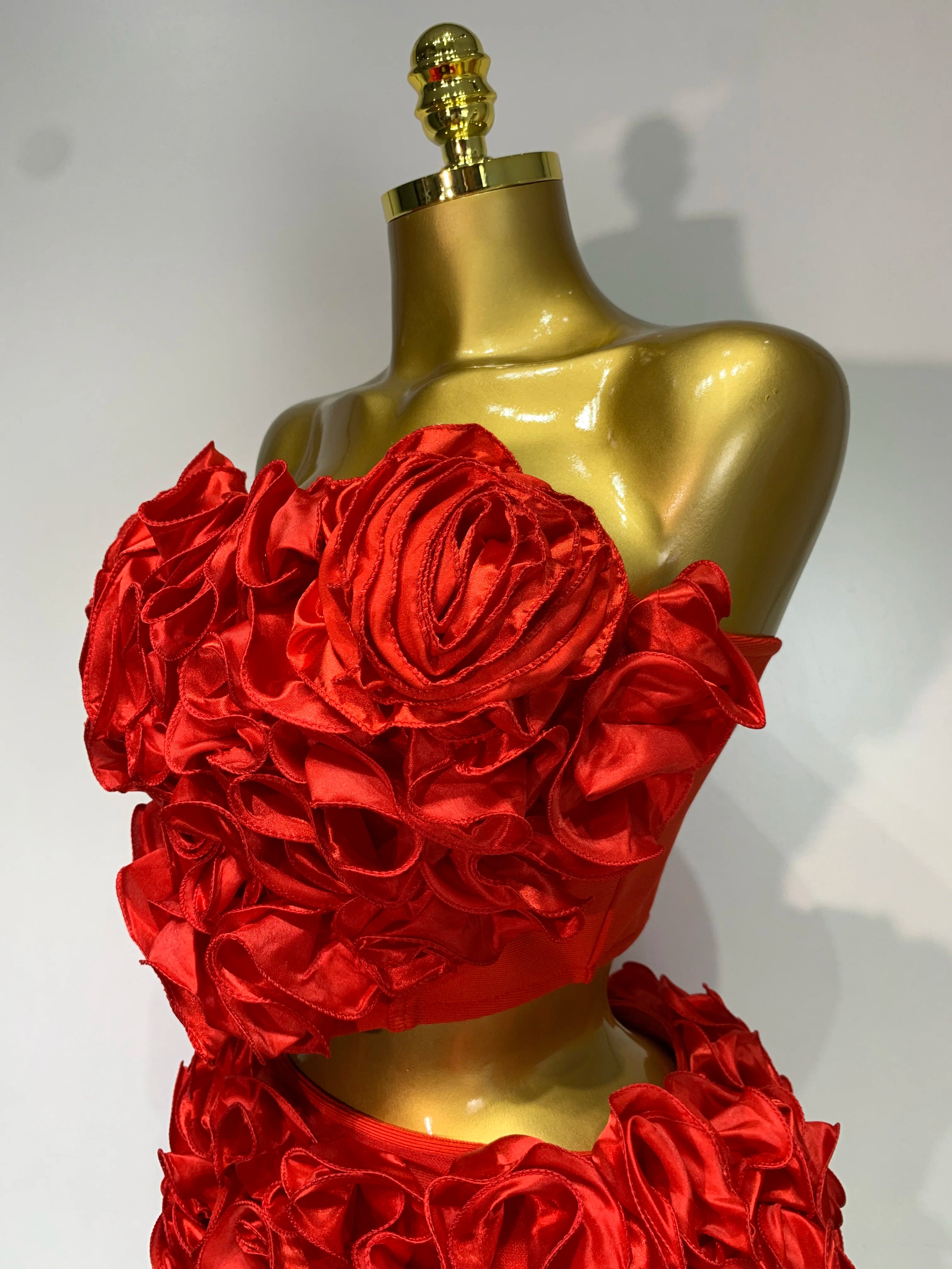 Strapless Red flower Top With Mini Skirt Bodycon Bandage Two Pieces Set