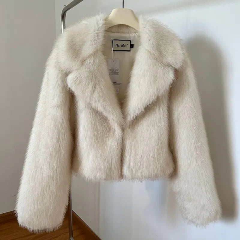 Cropped Fluffy Fur Jacket Coat Chic Thicken Faux Fox Fur Outerwear