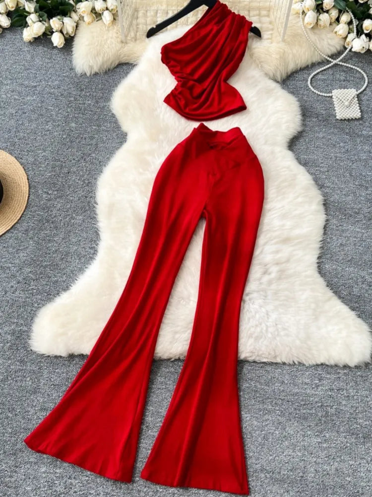 Two Pieces Sets Elegant Chic Skew Collar Pleated Tops + High Waist Flare Casual Pants  Outfits