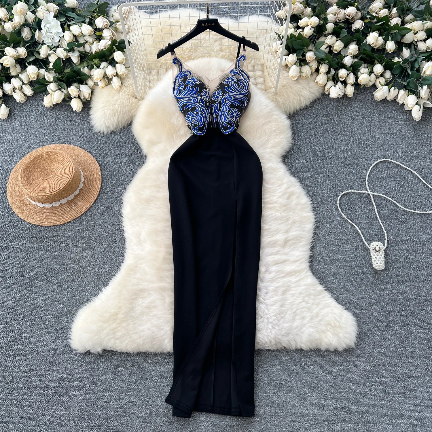 Elegant V-neck Vintage Embroidered Spliced French Dress