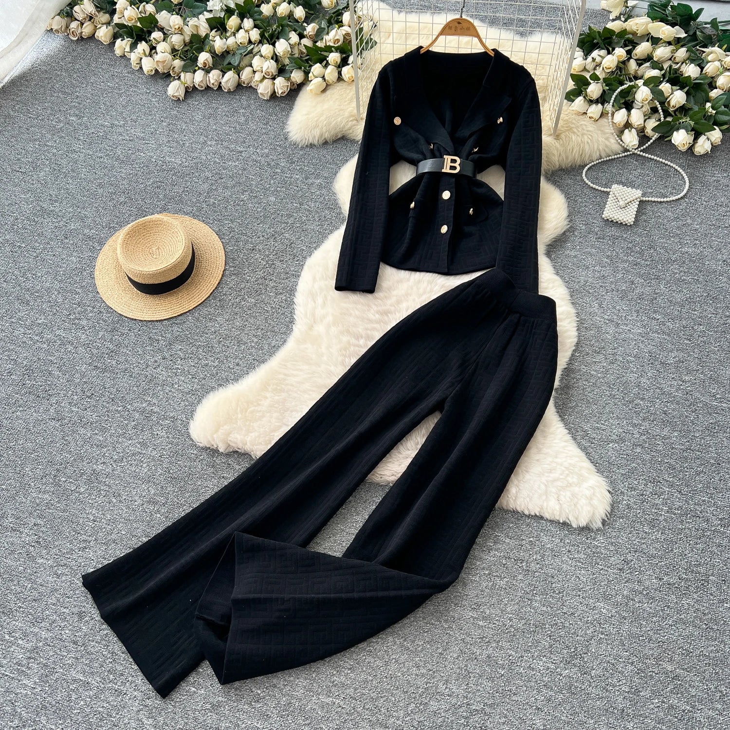 Knitted Long Sleeve Tops+Wide Trousers  Two Pieces Set