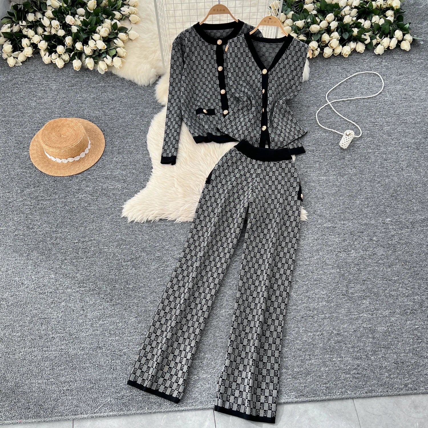 Three Piece Plaid Print Sweater Suits Knit Cardigans+Elastic Long Pants
