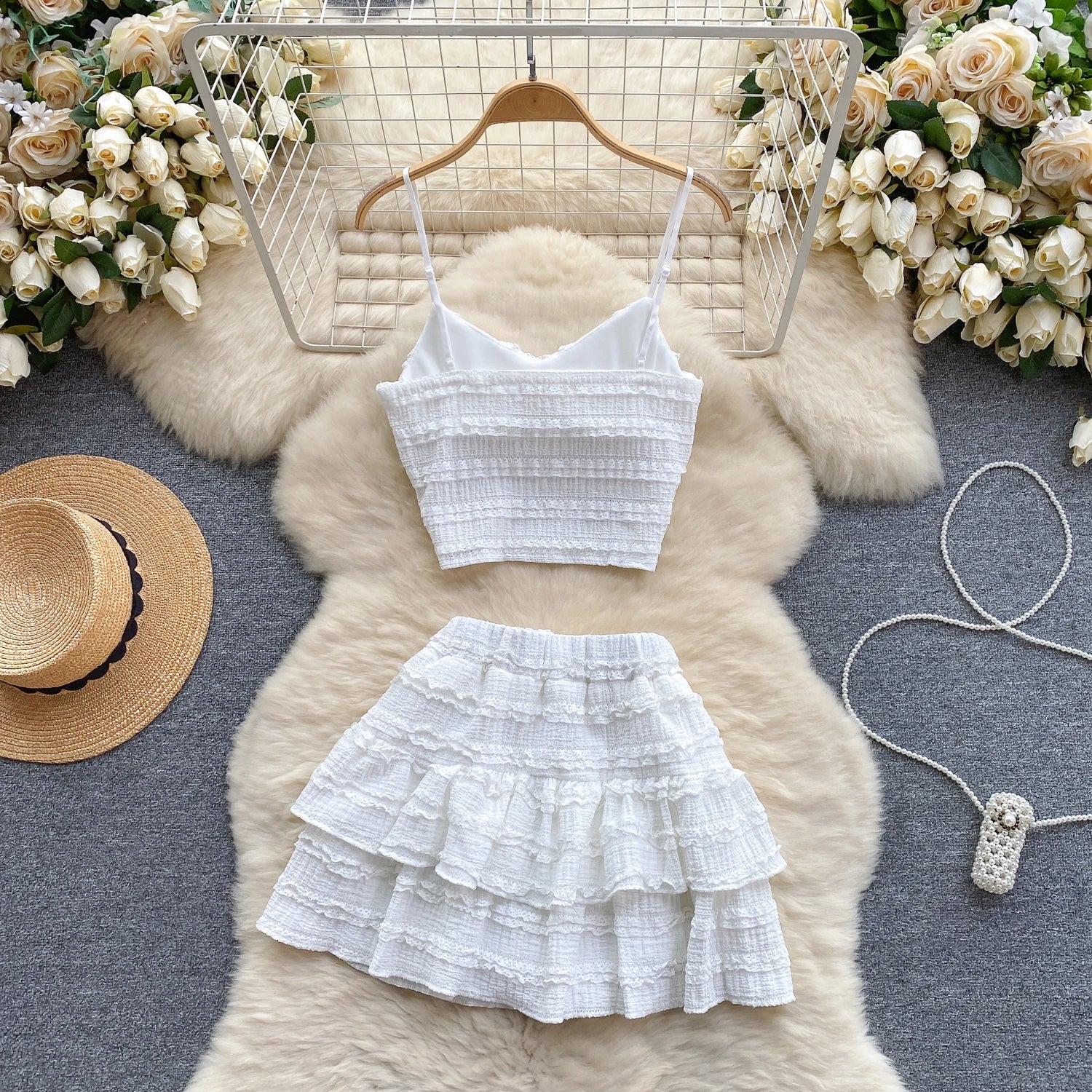 Sweet Ruched Two Pieces Sets V Neck Strap Crop Tops+Short Pleated Skirt Korean Style