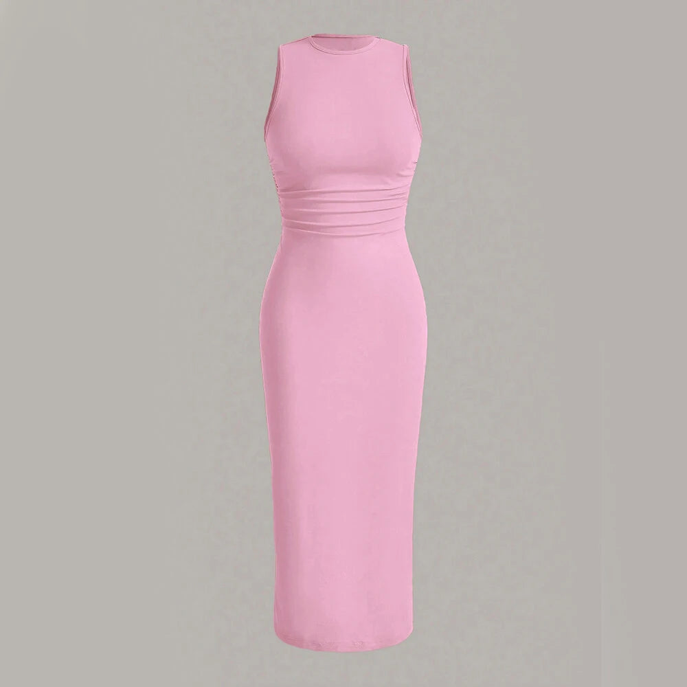 Minimalist Plain Sleeveless Crew Neck Wrap MIDI Party Dresses