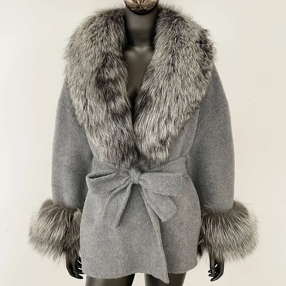Winter Loose Outerwear Casual Natural Real Raccoon Fox Fur Blends Wool Coat