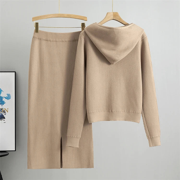 Knitted Cardigan High Waisted Wrapped  Skirt 2 Piece Set