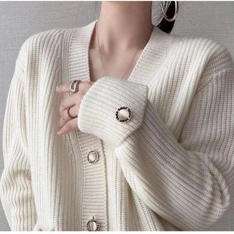 Casual Button Pocket Knitted Cardigan Autumn Winter Korean Fashion