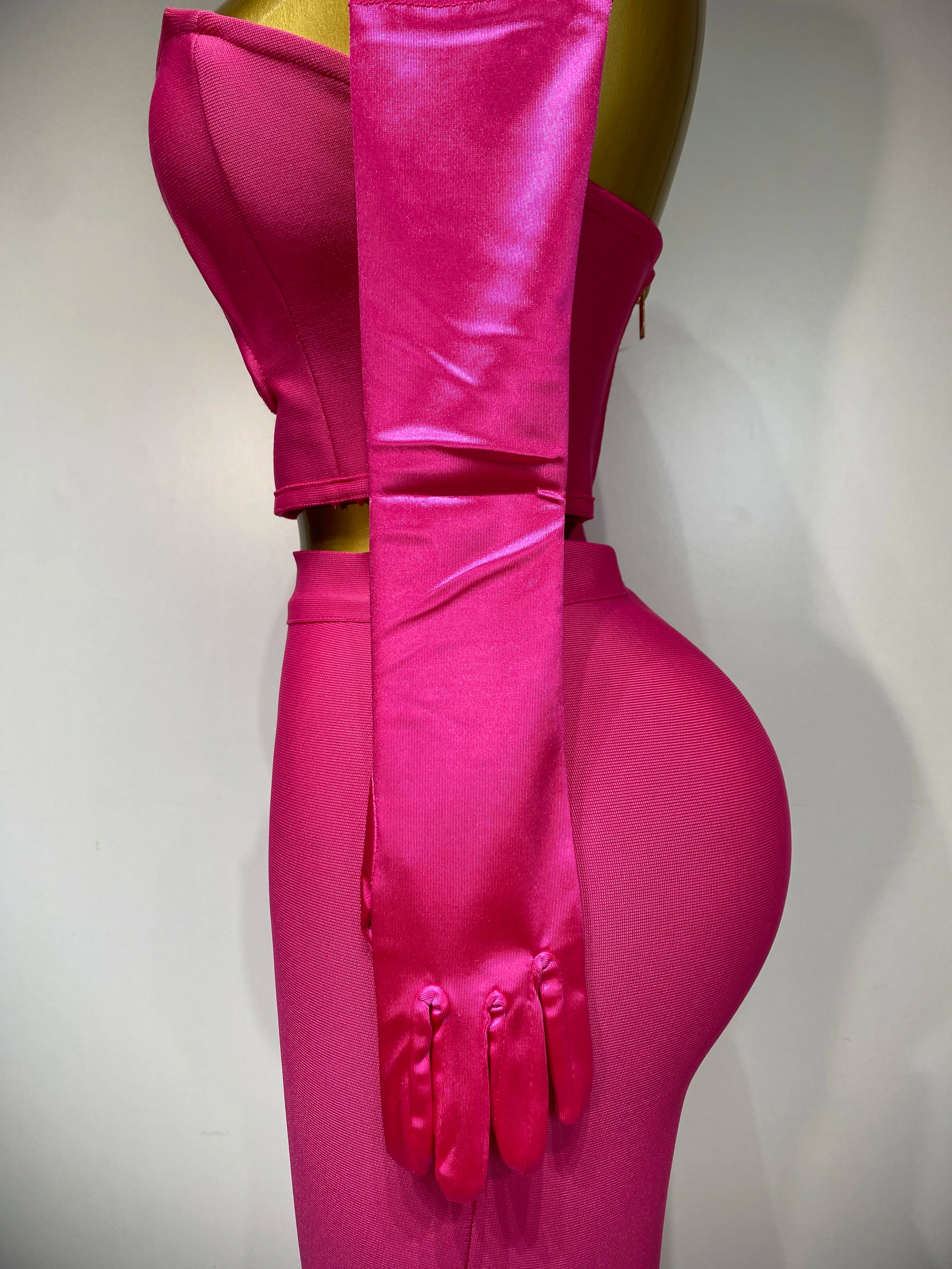 Strapless Backless Hot Pink Glove Pants Bandage Three Piece Suit Birthday Outfit