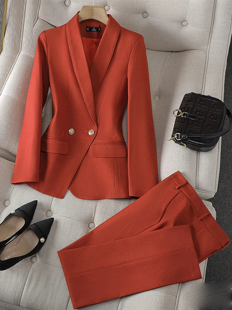 Double Breasted Turn Down Collar Blazers Solid Casual Pant Suits